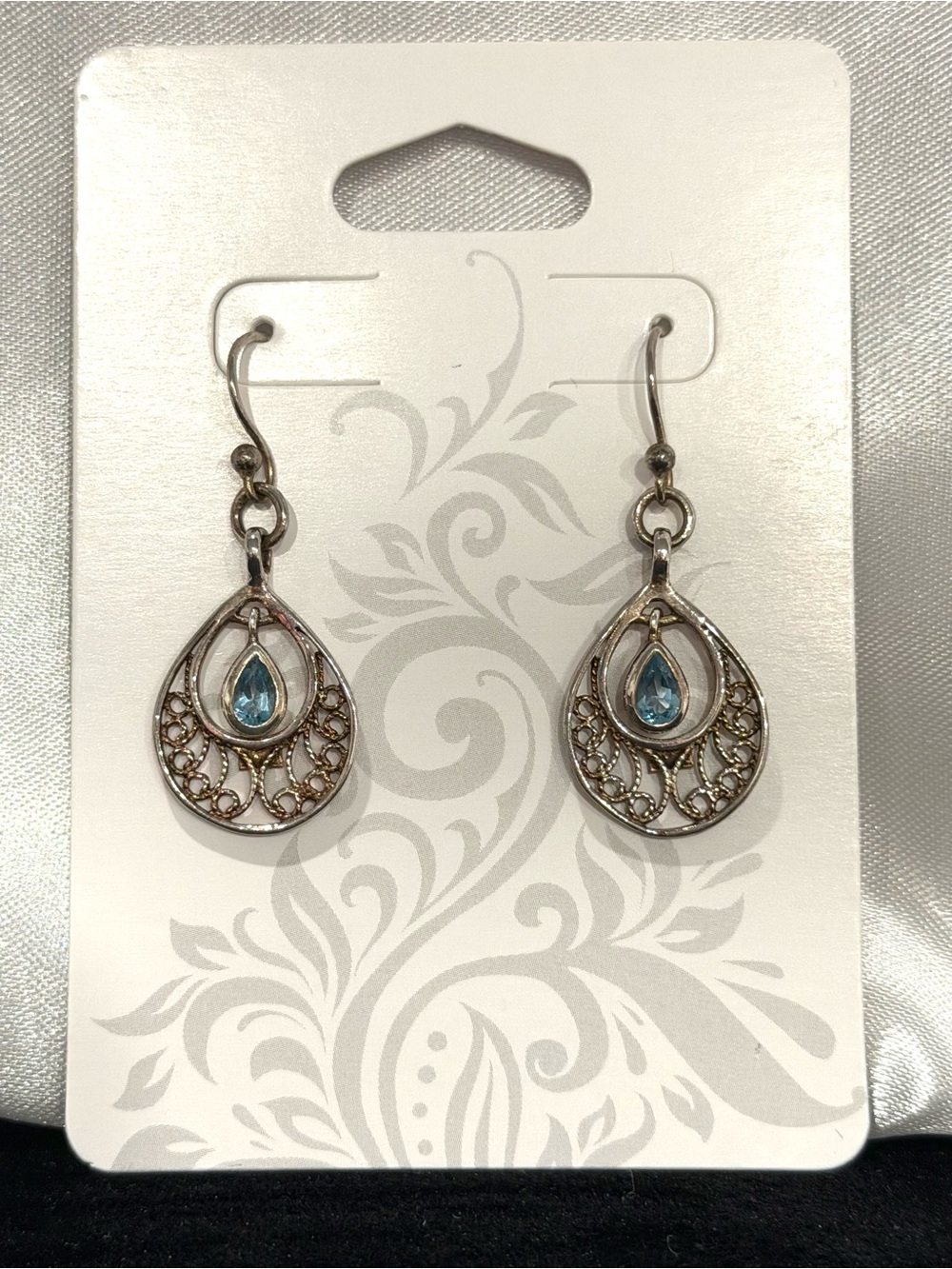 Delicate Teardrop Filigree Earrings with Blue Topaz Sterling Silver